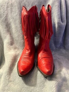 Red Fringe Leather Cowboy Boots for Women Made in Spain.
